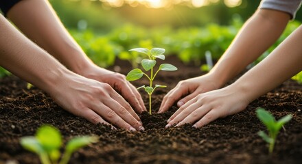 Father and Child Plant Seedlings Together in the Garden
