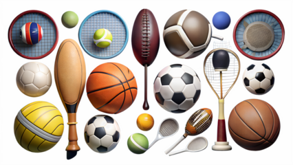 Various sports balls and equipment arranged in a collection isolated on transparent background