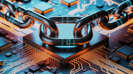 Digital blockchain chain links on a futuristic circuit board with glowing data
