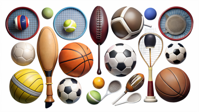 Various sports balls and equipment arranged in a collection isolated on transparent background
