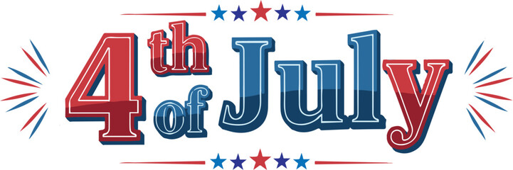 A bold and patriotic "4th of July" graphic featuring prominent red and blue text with a dimensional effect, accented by decorative star bursts and horizontal lines, all on a white background.