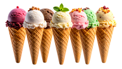 Different sorts of ice cream scoop on waffle cone isolated on white or transparent png