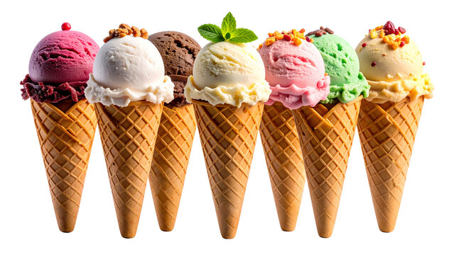 Different sorts of ice cream scoop on waffle cone isolated on white or transparent png