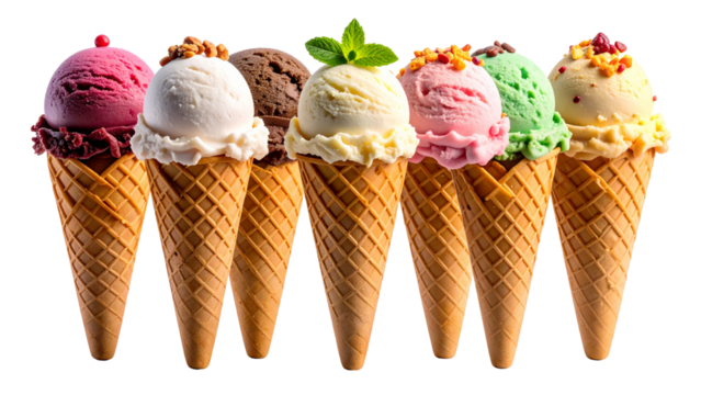 Different sorts of ice cream scoop on waffle cone isolated on white or transparent png