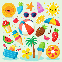 Colorful playful summer icons collection, element set on transparent background 