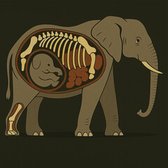 Illustration of Pregnant Elephant with Fetus and Skeleton Anatomy Cutaway View