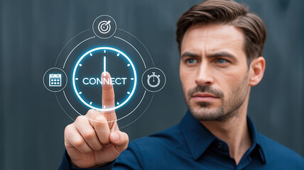 Man touching a digital interface with icons representing connection planning and time management