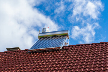 Solar water heater boiler on rooftop , the water tank is produced by stainless steel for durability.