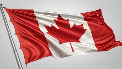 A vibrant canadian flag waving gracefully on a pole against a soft neutral background in clear detail