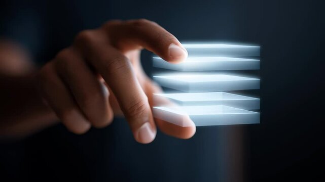 Hand interacts with glowing digital layers showcasing hybrid computing systems in futuristic innovative technology environment featuring advanced interaction and seamless integration