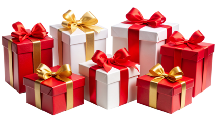 A collection of red and white gift wrapped presents with a red and gold ribbon bows isolated against a transparent background.