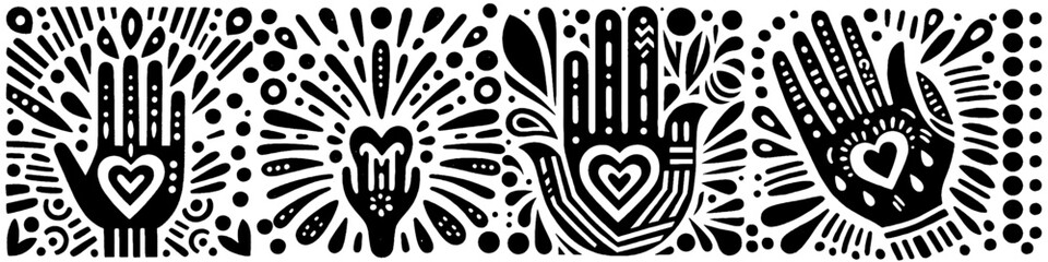 Hand‑Drawn Hand Gesture and Giving Illustration, Tribal Symbolic Folk Art Pattern Vector for Generosity and Humanity Adventure Themes Design