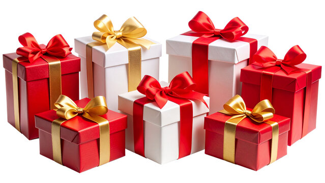 A collection of red and white gift wrapped presents with a red and gold ribbon bows isolated against a transparent background.
