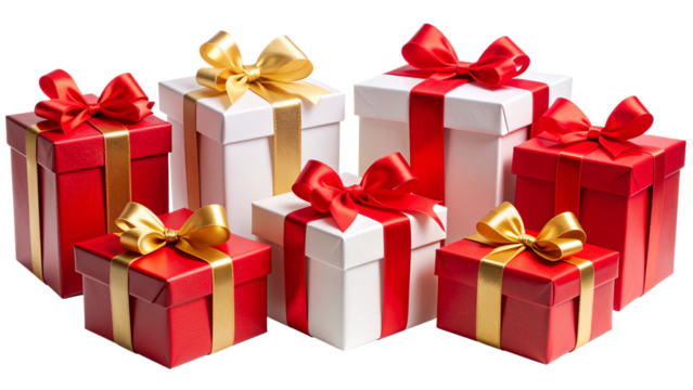 A collection of red and white gift wrapped presents with a red and gold ribbon bows isolated against a transparent background.