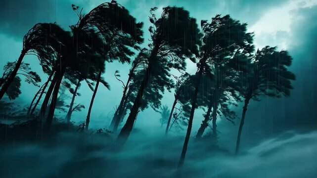 Tall trees bend and sway in strong winds during a dark night, Tall Trees In Strong Wind At Night
