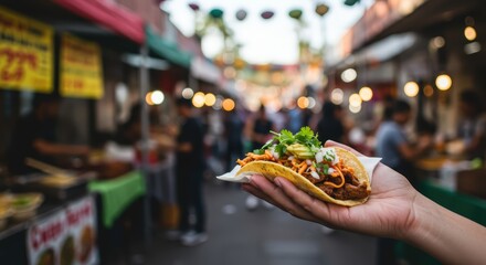 Hand holding a taco - blurred Mexican market background