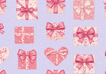 Seamless Holiday Gift Box Pattern with Bows Ribbons and Snowflakes for Wrapping Paper