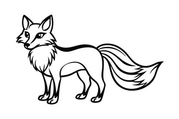 Cartoon fox with a bushy tail and pointed ears is standing attentively