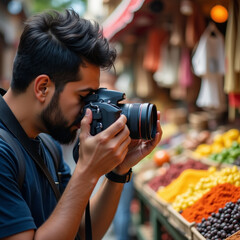A young Hispanic man practicing photography with a DSLR camera in a vibrant street market. He is capturing the colorful stalls filled with fruits, spices, and handmade crafts. The lighting is bright a