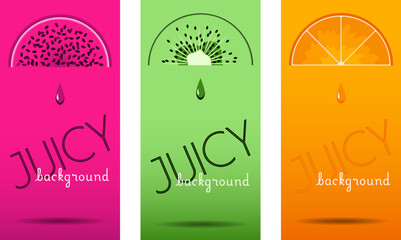 Set of three illustrations with Dragonfruit, Orange and Kiwi slices, drops of juice and shadows Bright posters Text space