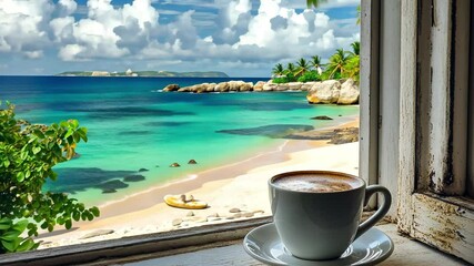 Enjoying a warm cup of coffee on a sunny windowsill with a stunning beach view, Warm cup of coffee on windowsill overlooking beautiful summer beach scene - Powered by Adobe