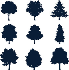 Collection of tree icons in silhouette style, vector design for nature branding, posters, and web elements