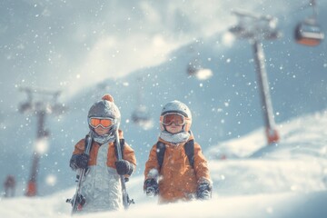 Kids enjoying a snowy day at a ski resort while preparing for an alpine adventure and having fun in the winter landscape
