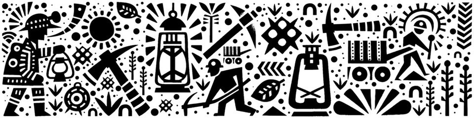 Hand‑Drawn Mining Illustration, Tribal Industrial Folk Art Pattern Vector for Labor and Earth Adventure Themes Design