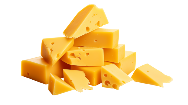 Stack of cheddar cheese pieces on transparent background for culinary designs