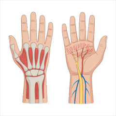 Anatomical illustration of human hand showing bones muscles nerves and blood vessels