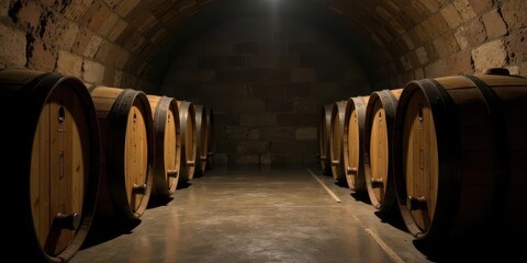 Rows of aged wooden barrels in a dimly lit cellar, creating an atmosphere of mystery and tradition