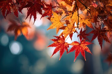Vibrant maple leaves display stunning colors under the warm autumn sunshine in a peaceful forest setting