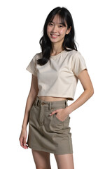 portrait of a young woman in T-shirt and skirt on transparent background
