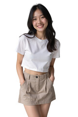 portrait of a young woman in T-shirt and skirt on transparent background

