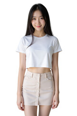 portrait of a young woman in T-shirt and skirt on transparent background
