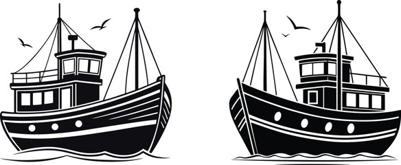Fishing Boat Vector Illustration Retro Maritime Silhouette Art, Nautical Ship Clipart Fishing Vessel Drawing in Black and White, Sea Boat Vintage Graphic &ndash; Ocean Transport Silhouette Design.