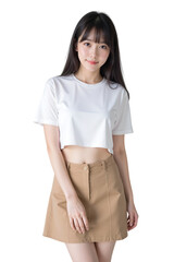 portrait of a young woman in T-shirt and skirt on transparent background
