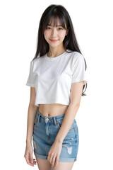 portrait of a young woman in T-shirt and skirt on transparent background
