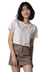 portrait of a young woman in T-shirt and skirt on transparent background
