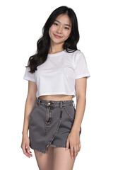 portrait of a young woman in T-shirt and skirt on transparent background
