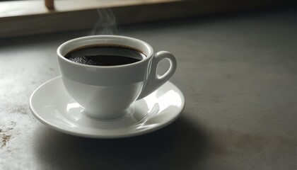 Fototapeta premium Cinematic morning coffee in white cup with steam on table with copy space