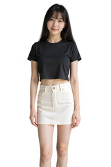 portrait of a young woman in T-shirt and skirt on transparent background
