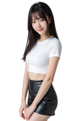portrait of a young woman in T-shirt and skirt on transparent background

