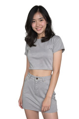 portrait of a young woman in T-shirt and skirt on transparent background
