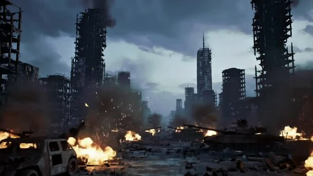 Burning tanks in ruined futuristic city after massive war attack, 
