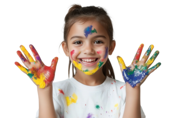 Happy girl with colorful painted hands and face smiling joyfully, showcasing creativity and artistic expression in a bright, cheerful environment