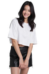 portrait of a young woman in T-shirt and skirt on transparent background
