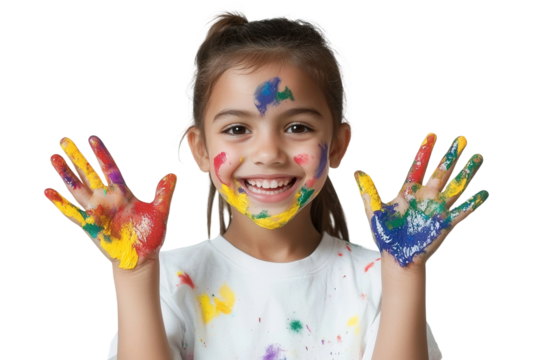Happy girl with colorful painted hands and face smiling joyfully, showcasing creativity and artistic expression in a bright, cheerful environment
