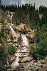 Tangle Creek Falls cascades down rocky cliff in forested mountains.