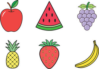 Colorful Cartoon Fruit Medley A Delightful Still Life Featuring Apple Watermelon Grapes Pineapple Strawberry and Banana Illustrations